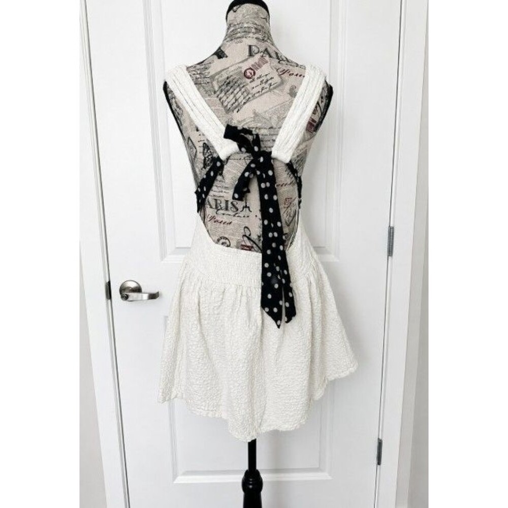 Free People Aniston Mini Dress Ivory Open Back Polka Dot Bow Textured Size M - Picture 4 of 7
